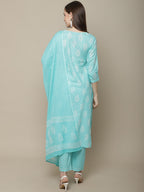 Sangria Women Blue & White Embroidery Printed Kurta Set | Grocsy