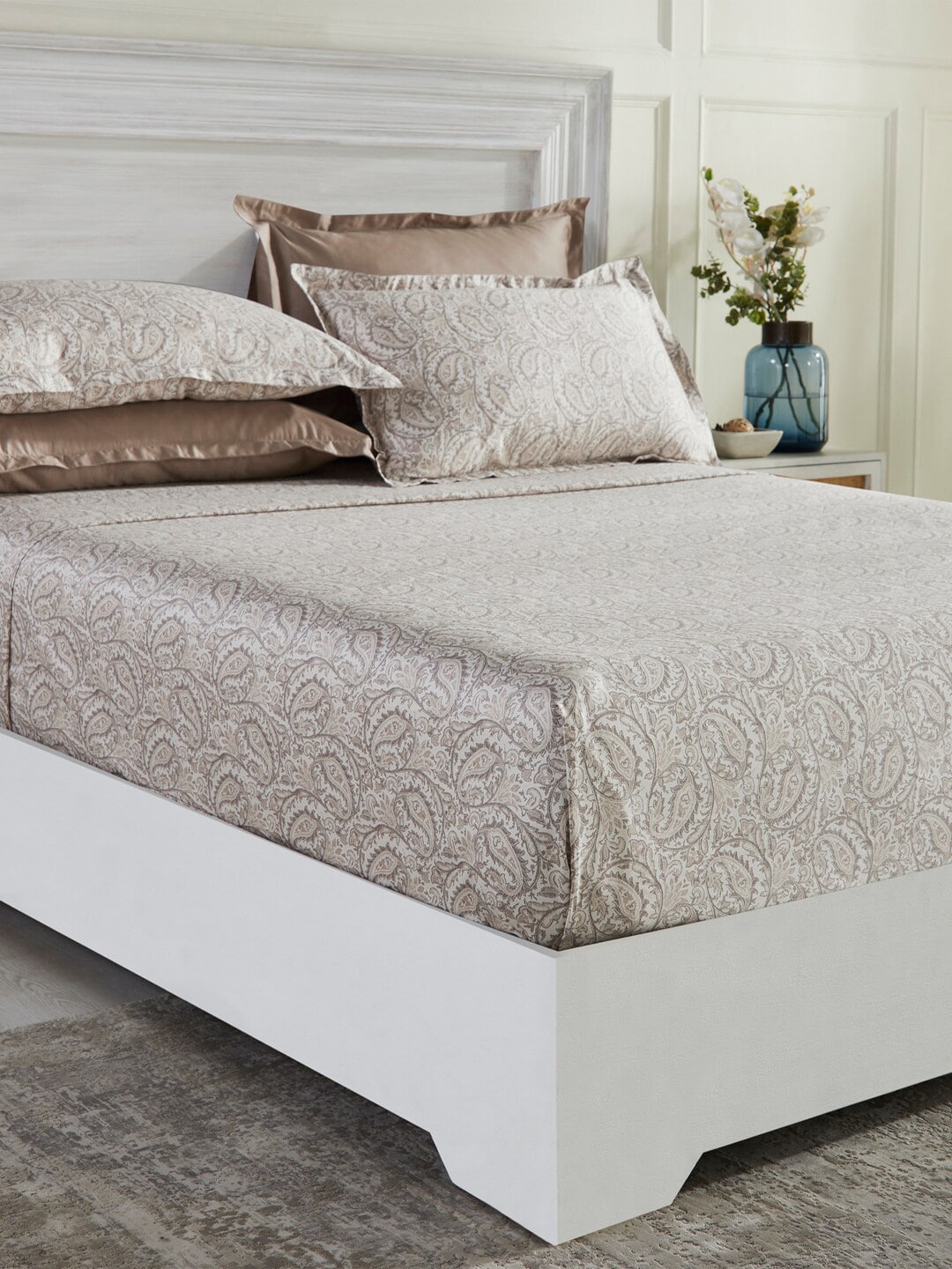 MYTRIDENTBeige White Ethnic Motifs 100% Cotton 400 TC King Bedsheet with 4 Pillow Covers | Grocsy