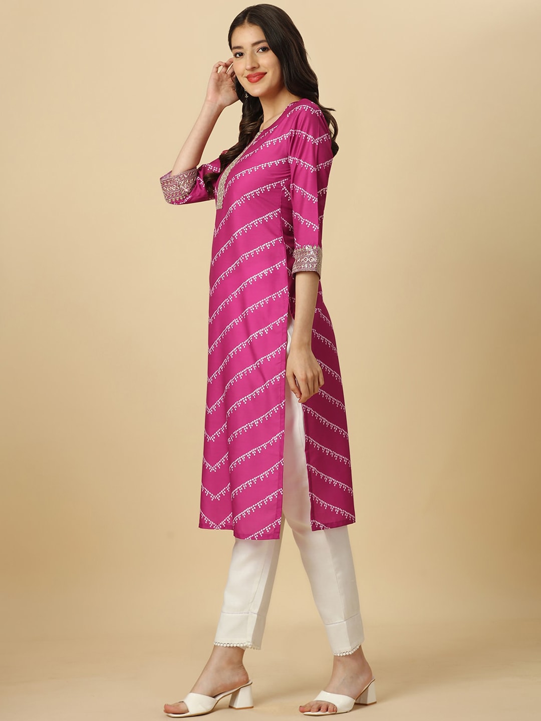 HERE&NOW Pink & White Bandhani Printed Sequinned Straight Kurta | Grocsy