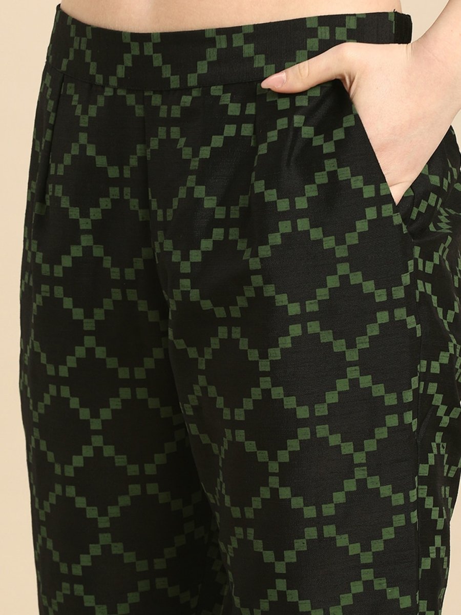 All About You Women Black & Green Embroidered Kurta with Trousers | Grocsy
