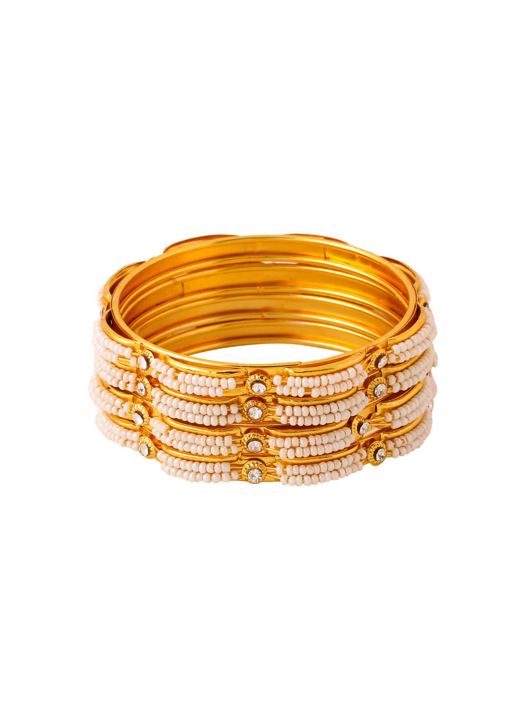 NVR Women's Set of 4 Gold-Polished Traditional Pearls Beaded Bangles