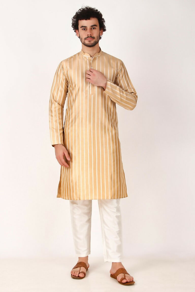 Brown Art Silk Woven Designer Men's Rajwadi Kurta Set - Mahotsav | Grocsy