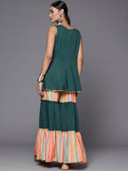 Ahalyaa Green Yoke Geometric Printed High Slit Sequinned Kurti with Sharara | Grocsy