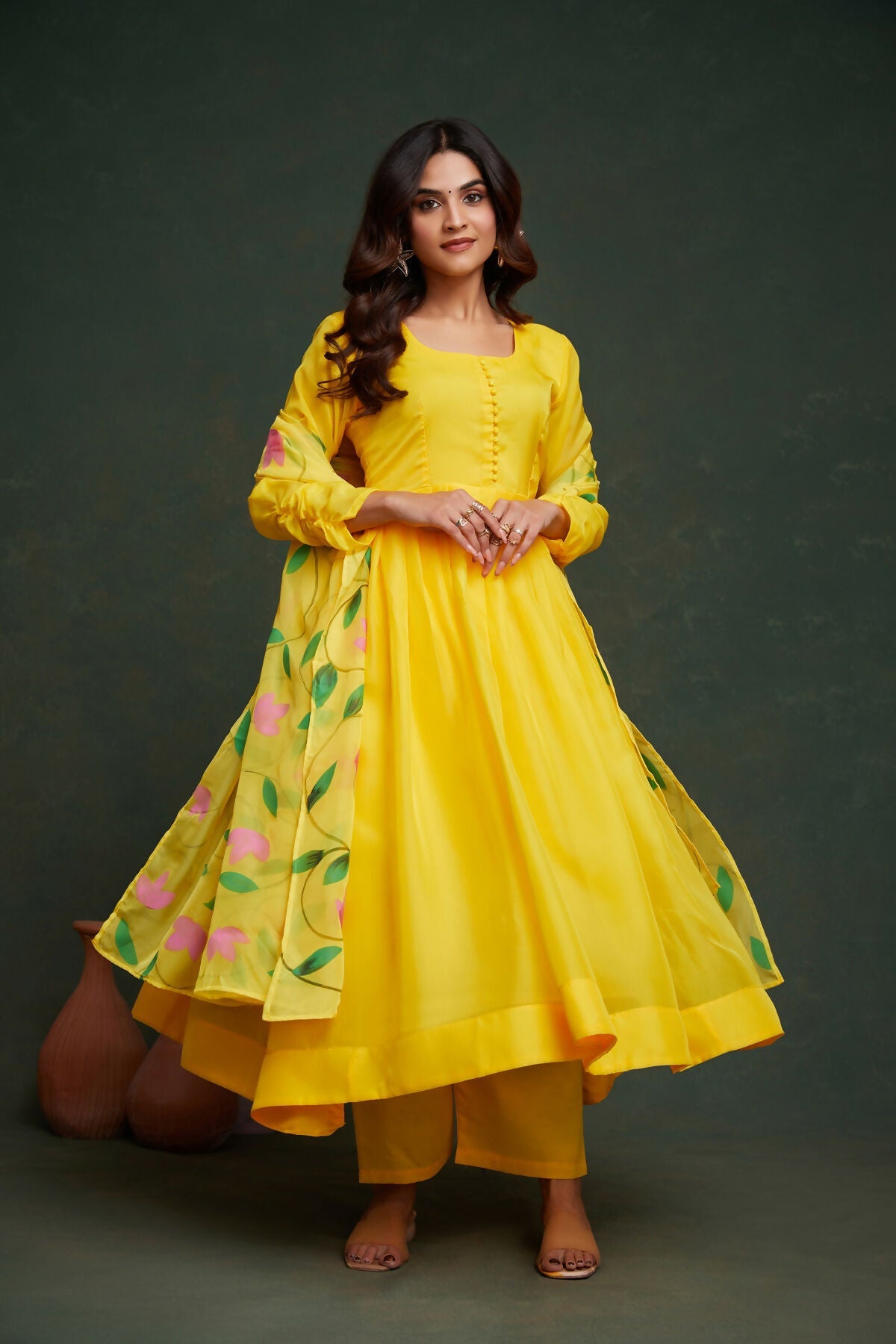 Aayaa Viscose Organza Dyeable Hand Painted Suit - Lemon Yellow | Grocsy