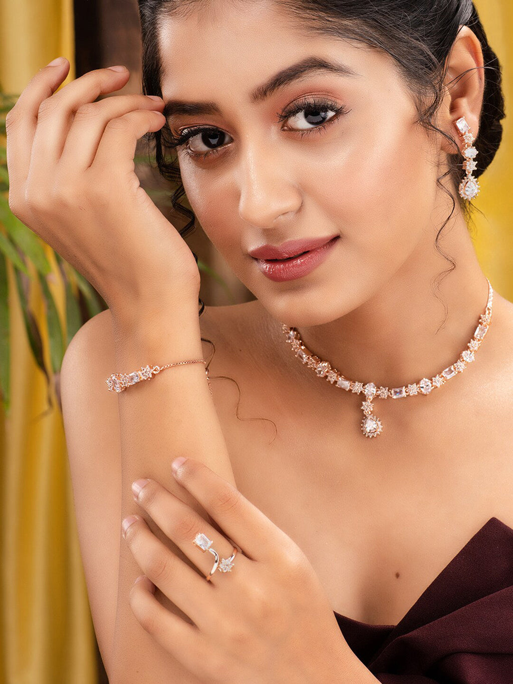 Saraf RS Jewellery Rose Gold-Polished AD Studded Designer Jewellery Set | Grocsy