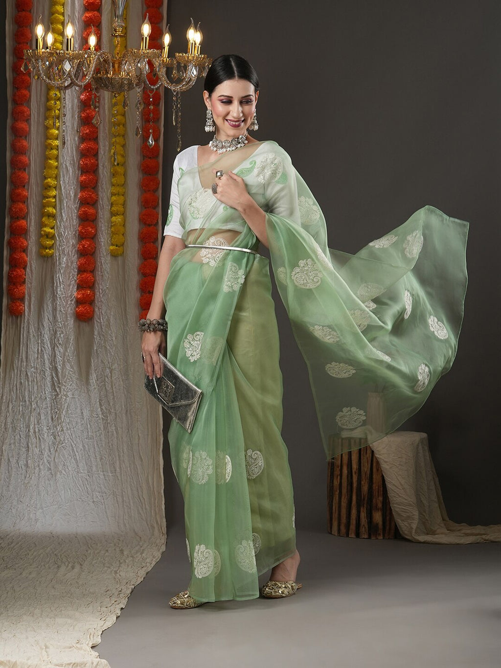 Saree Mall Olive Green & White Paisley Embroidered Organza Banarasi Sarees | Grocsy