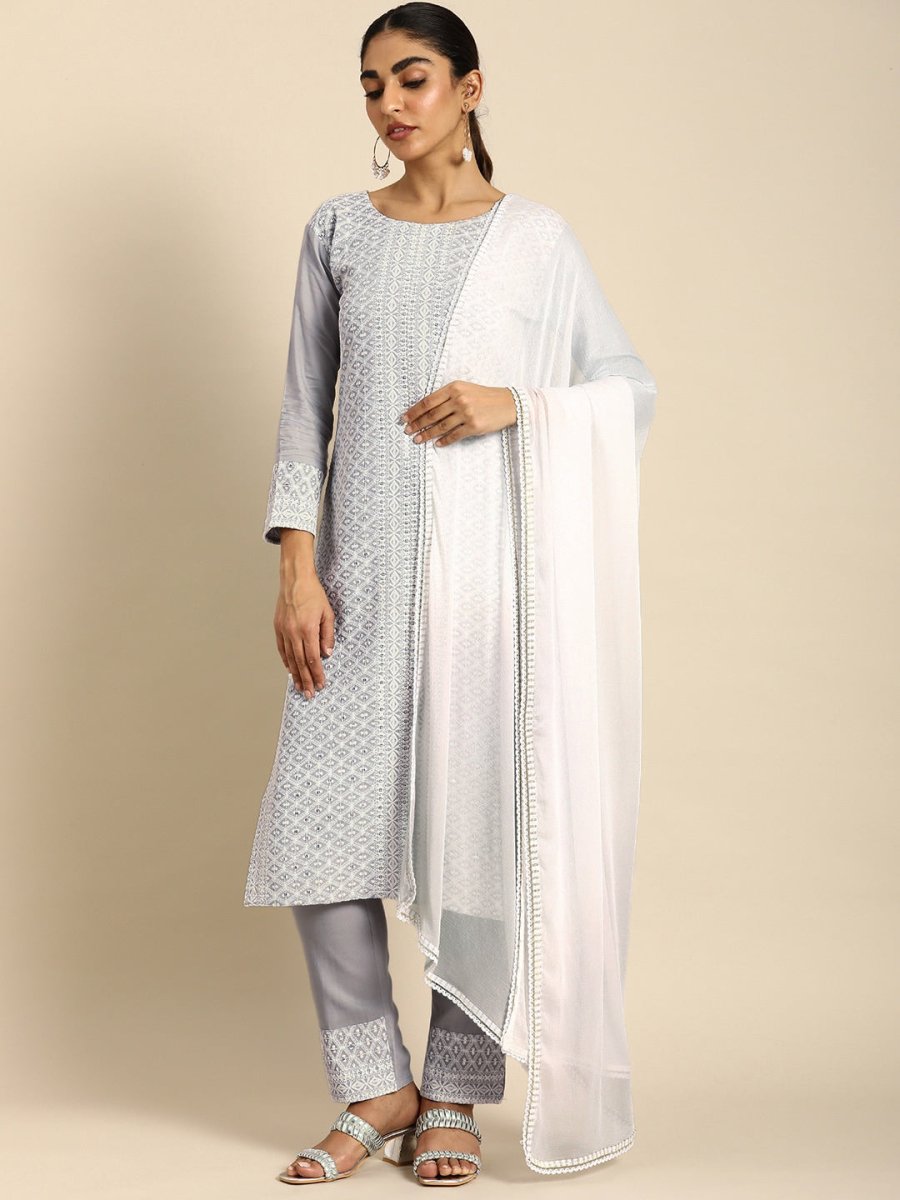 All About You Women Embroidered Chikankari Kurta With Trousers & With Dupatta | Grocsy