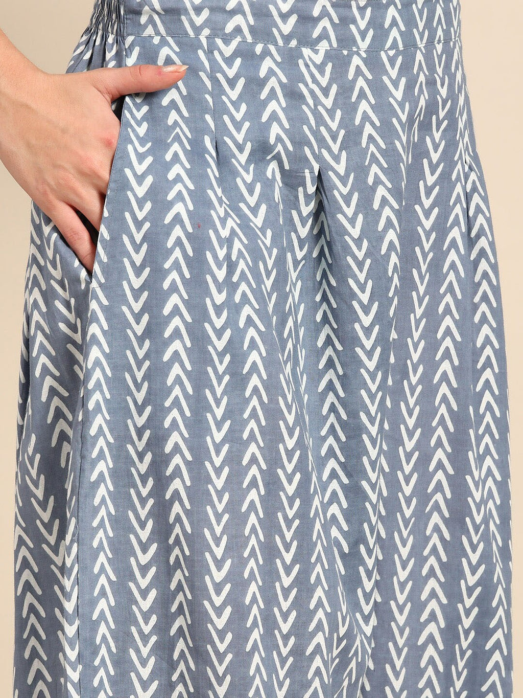 Sangria Blue & White Ethnic Motifs Printed V-Neck Pure Cotton A-Line Kurta With Salwar | Grocsy