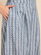 Sangria Blue & White Ethnic Motifs Printed V-Neck Pure Cotton A-Line Kurta With Salwar | Grocsy