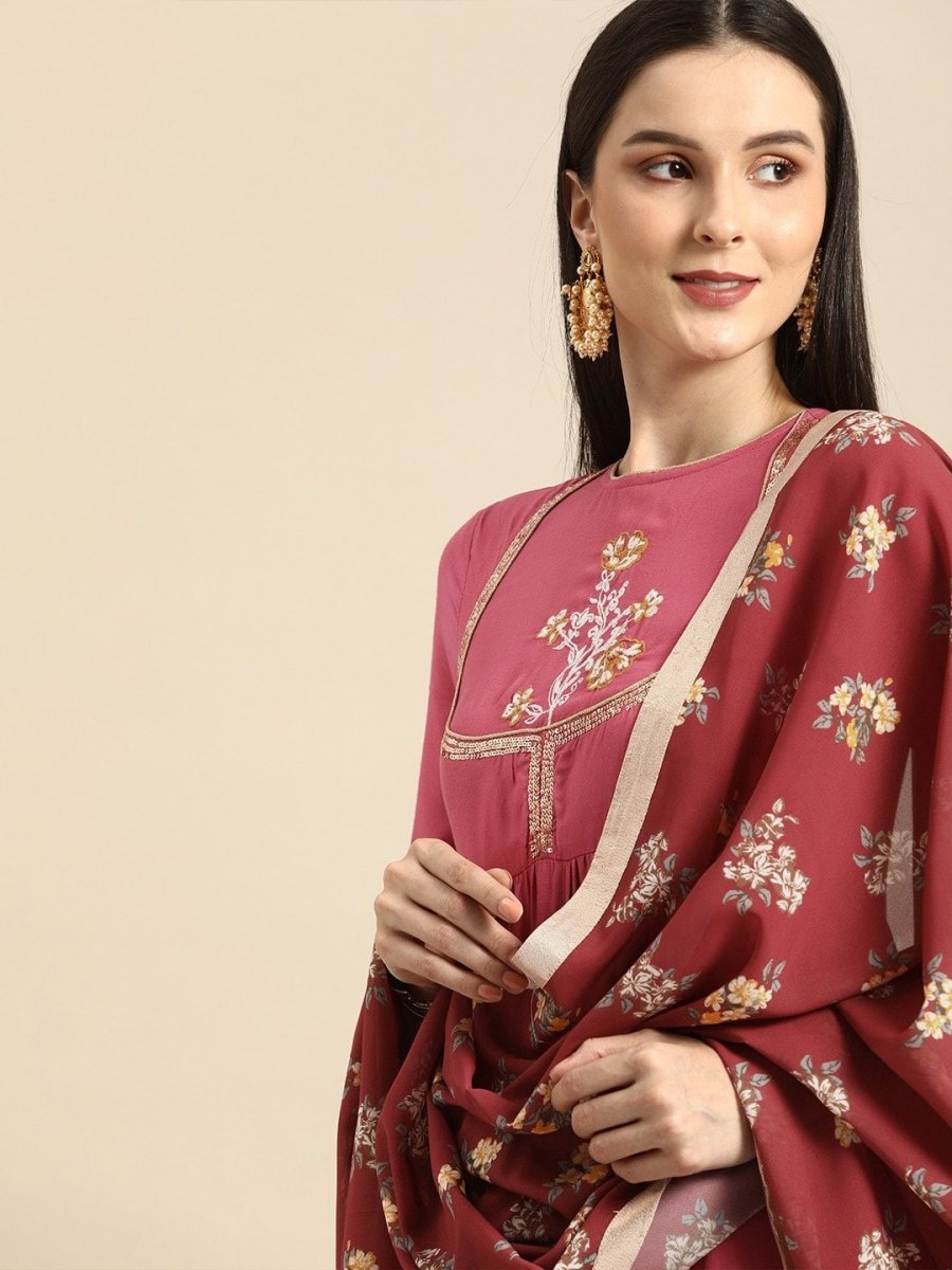 All About You Women Rust Pink Ethnic Motifs Yoke Design Thread Work Kurta with Dupatta | Grocsy