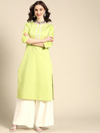 Sangria Women Lime Green Printed Satin Kurta | Grocsy
