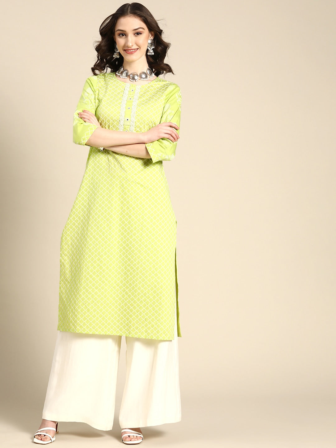 Sangria Women Lime Green Printed Satin Kurta | Grocsy
