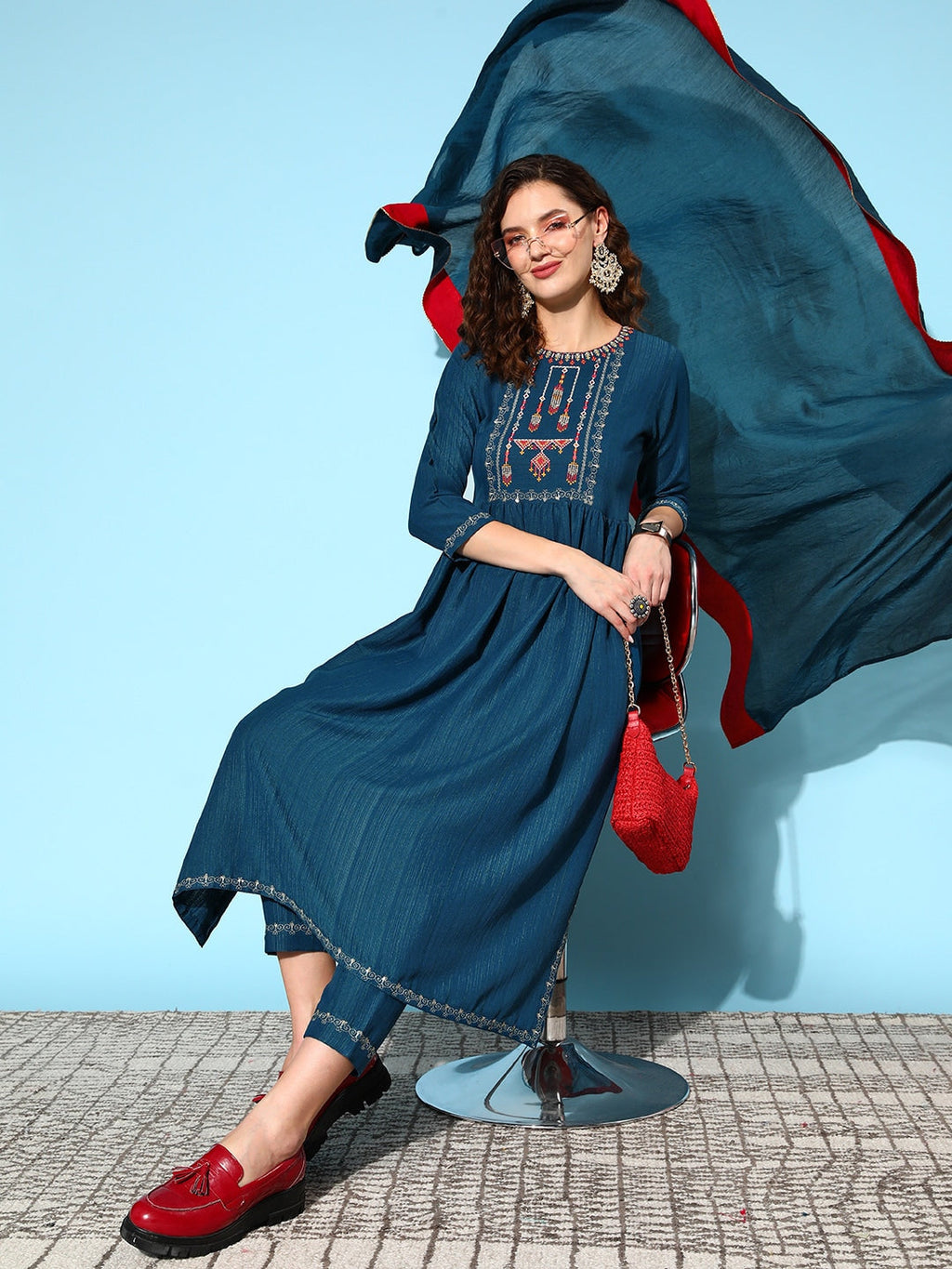 Sangria Ethnic Motifs Yoke Design Pleated Sequinned Kurta with Trousers & Dupatta | Grocsy