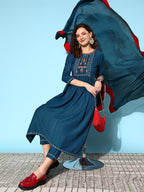 Sangria Ethnic Motifs Yoke Design Pleated Sequinned Kurta with Trousers & Dupatta | Grocsy
