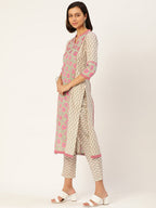 HERE&NOW Women Beige Floral Printed Kurta with Trousers & With Dupatta | Grocsy
