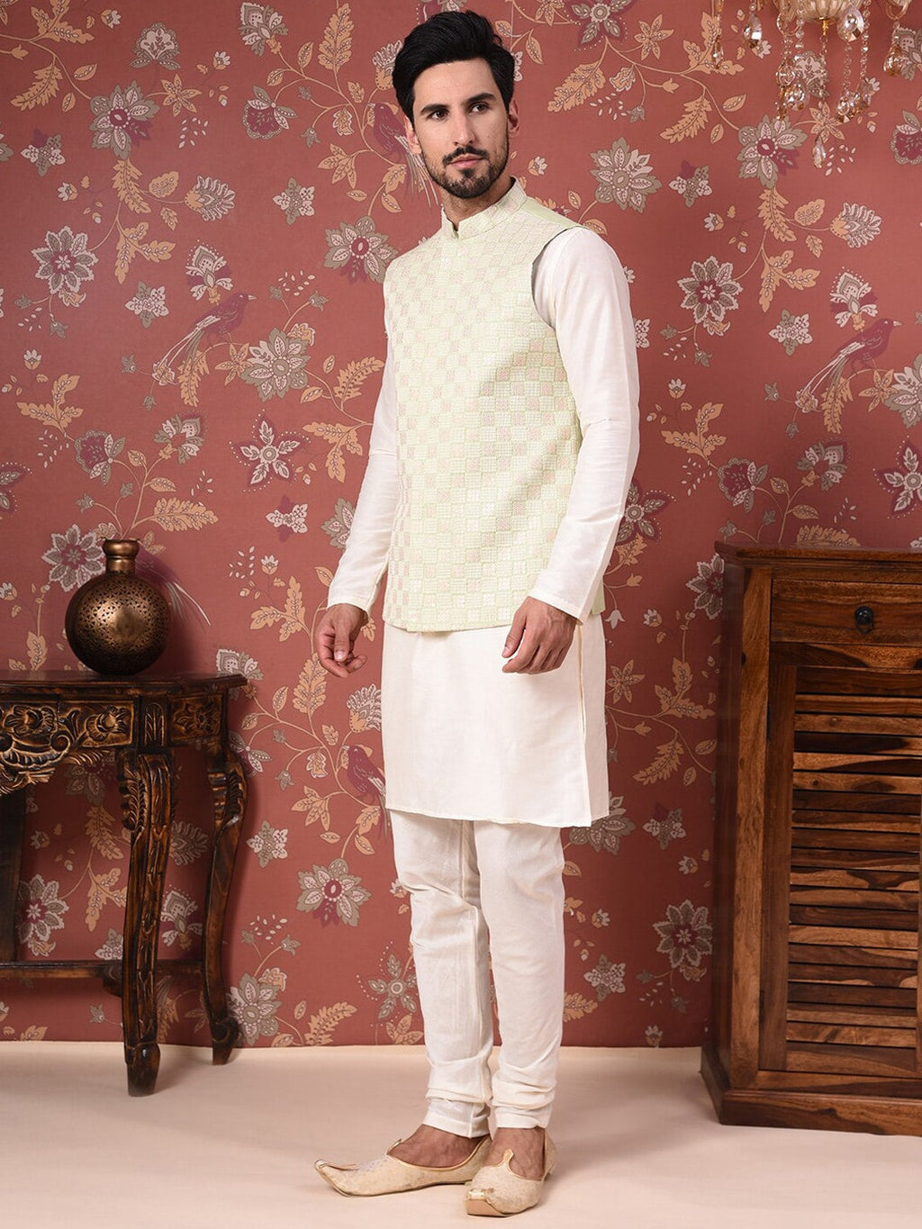 House of Pataudi Straight Kurta With Churidar & Embroidered Nehru Jacket | Grocsy