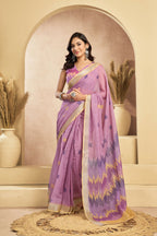 Vastranavya Onion Pink Digital Printed Linen Ready To Wear Pocket Saree with Unstitched Blouse | Grocsy