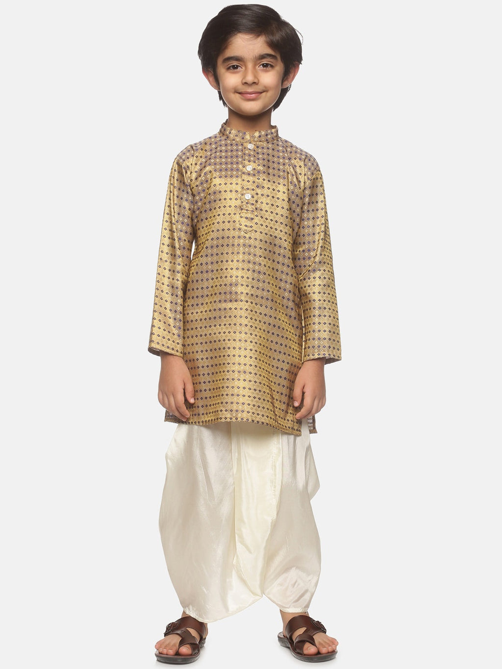 Sethukrishna Boys Gold-Toned Ethnic Motifs Printed Kurta with Dhoti Pants | Grocsy