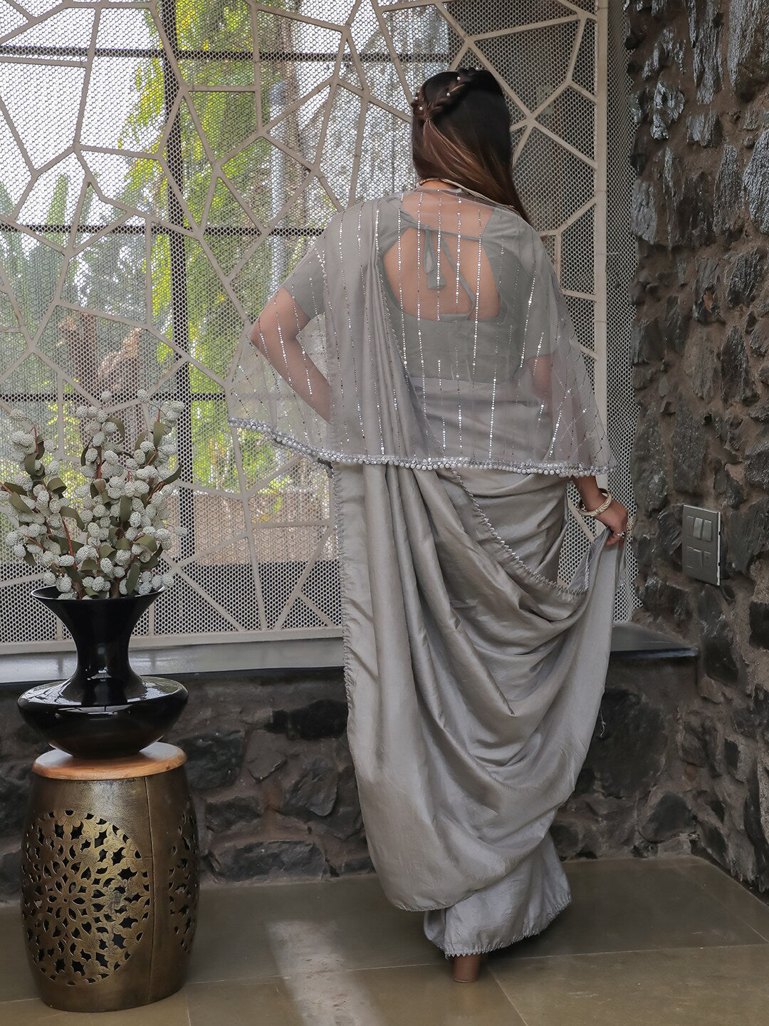 Tikhi Imli Embellished Border Sequinned Saree With Cape | Grocsy