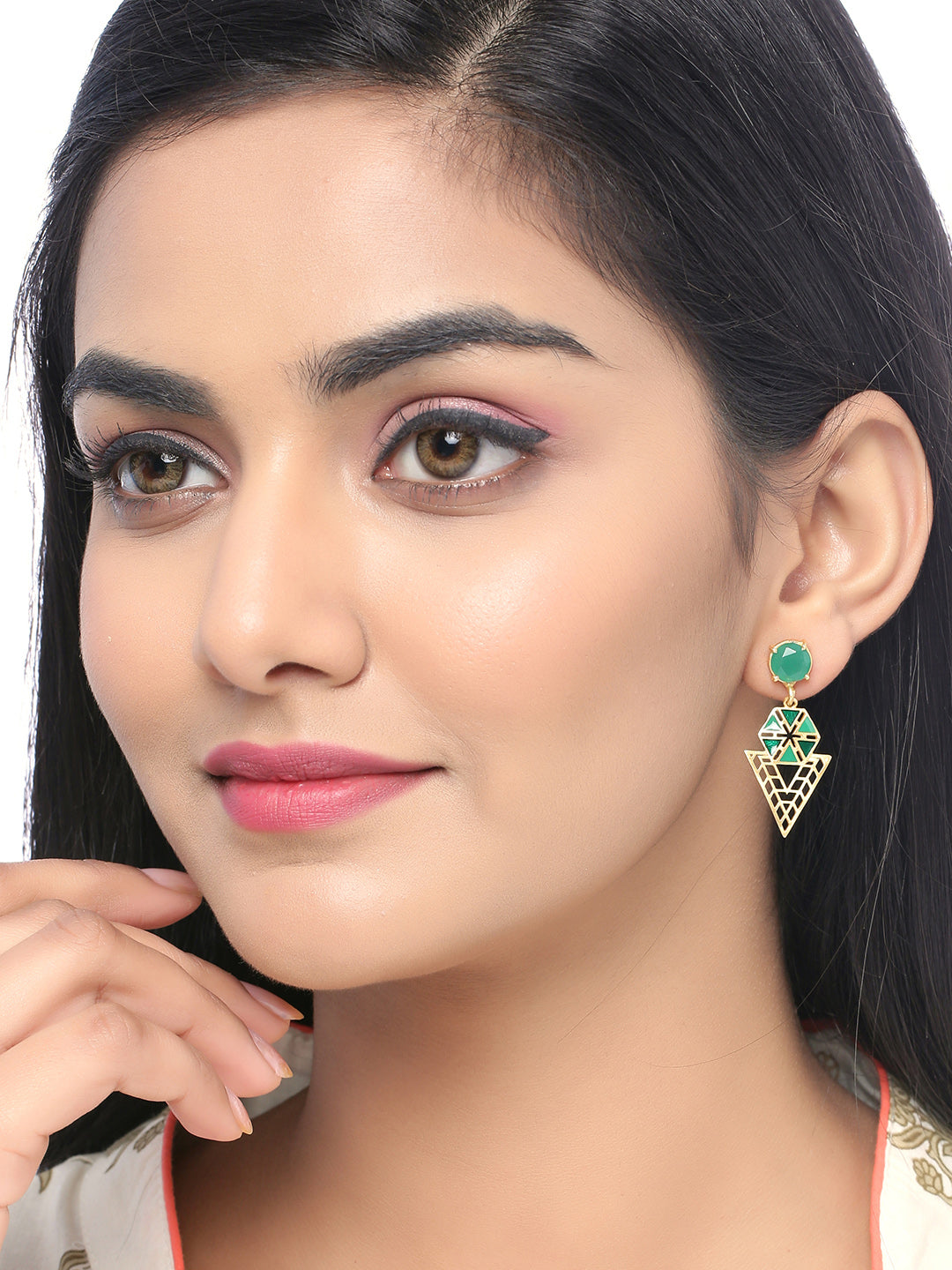 Shoshaa Green Gold-Polished Enamelled Contemporary Drop Earrings | Grocsy