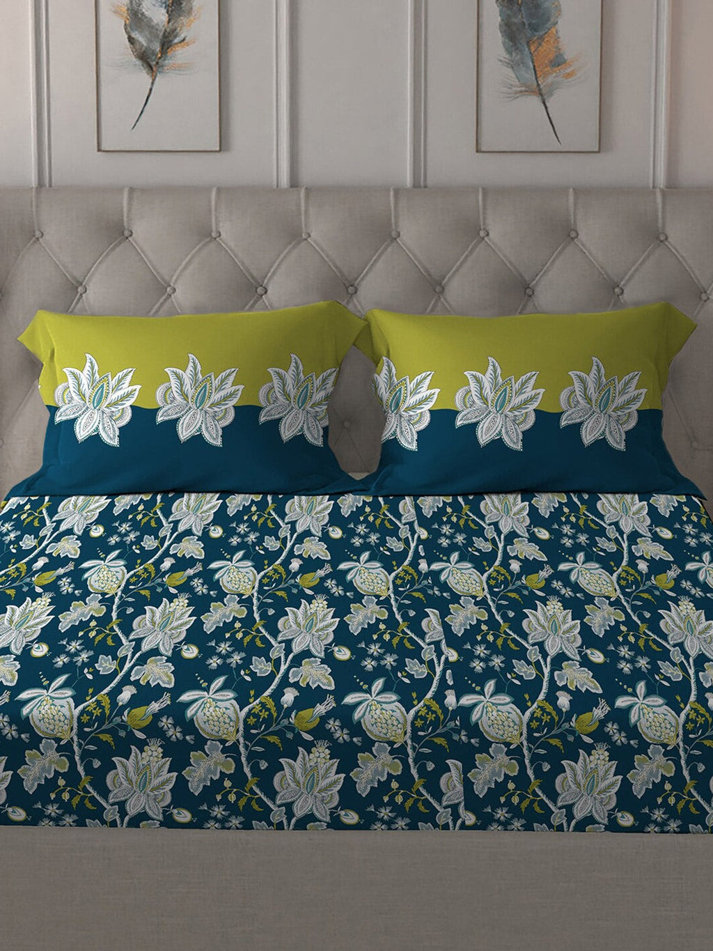 MYTRIDENT Blue White Floral Cotton 144 TC Queen Bedsheet With 2 Pillow Covers | Grocsy