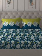 MYTRIDENT Blue White Floral Cotton 144 TC Queen Bedsheet With 2 Pillow Covers | Grocsy