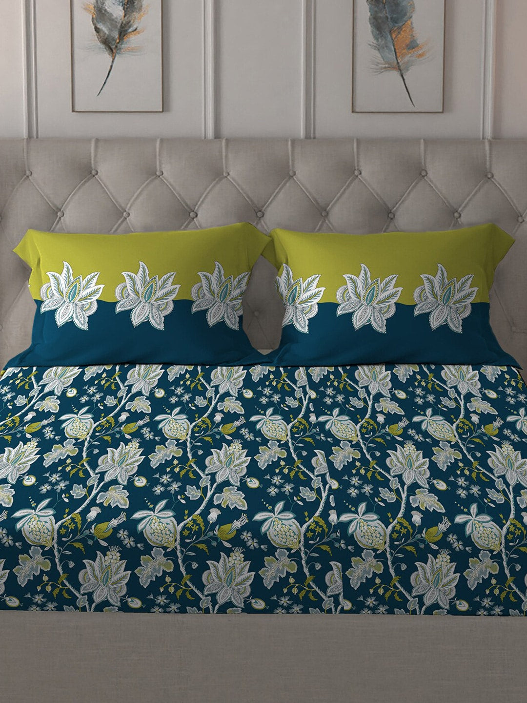 MYTRIDENT Blue White Floral Cotton 144 TC Queen Bedsheet With 2 Pillow Covers | Grocsy