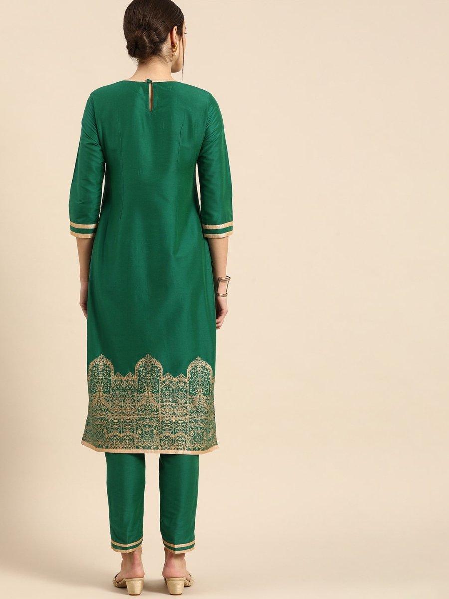 All About You Women Green & Gold Printed Regular Kurta with Trousers | Grocsy