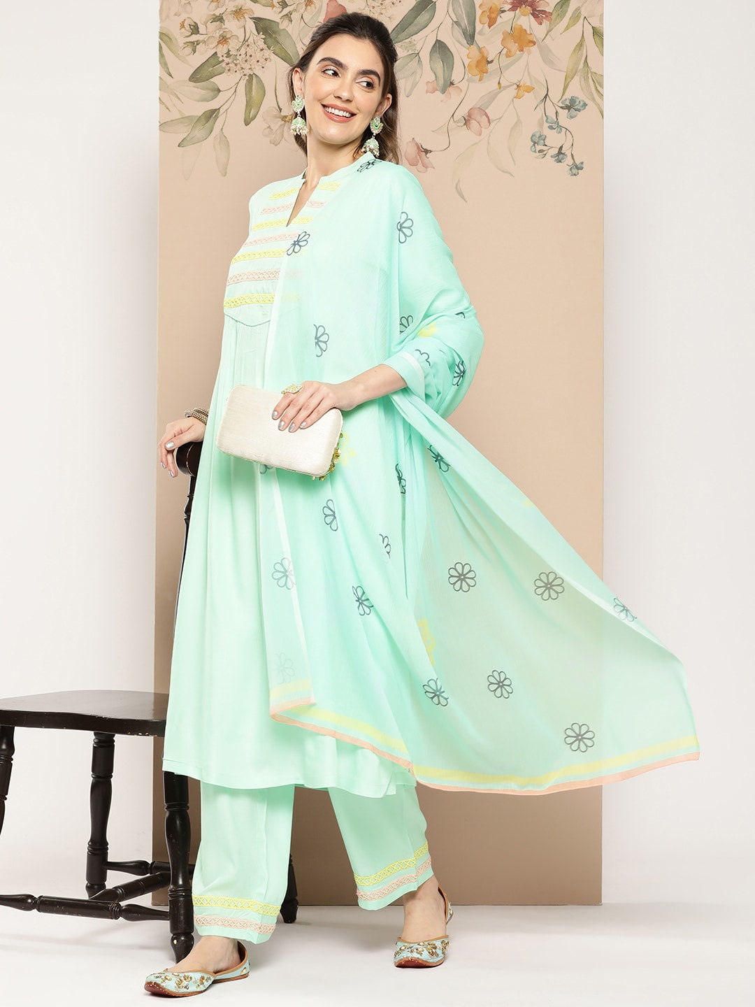 HERE&NOW Women Yoke Design Kurta with Trousers & Dupatta | Grocsy