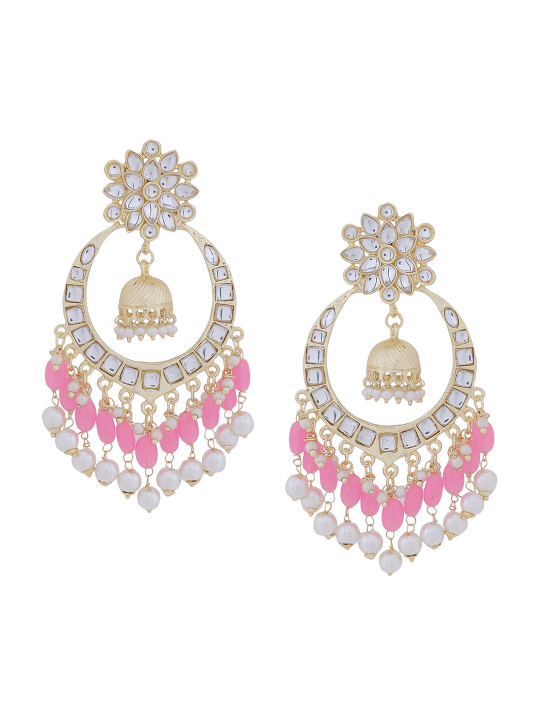 Shoshaa Pink & Gold-Toned Contemporary Kundan Drop Earrings With Pearls | Grocsy