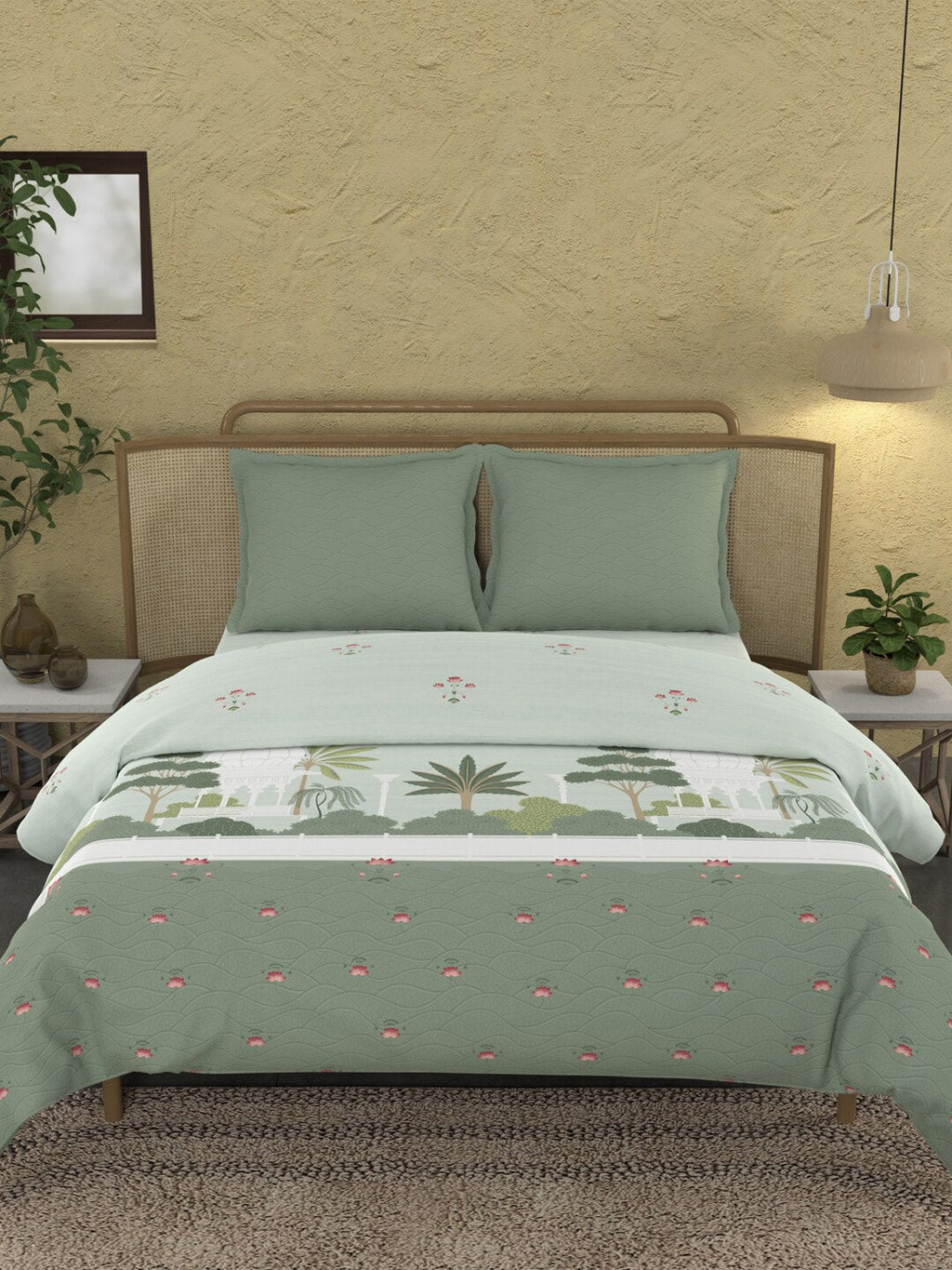 MYTRIDENT Green & White Ethnic Motifs Cotton 144 TC King Bedsheet With 2 Pillow Covers | Grocsy