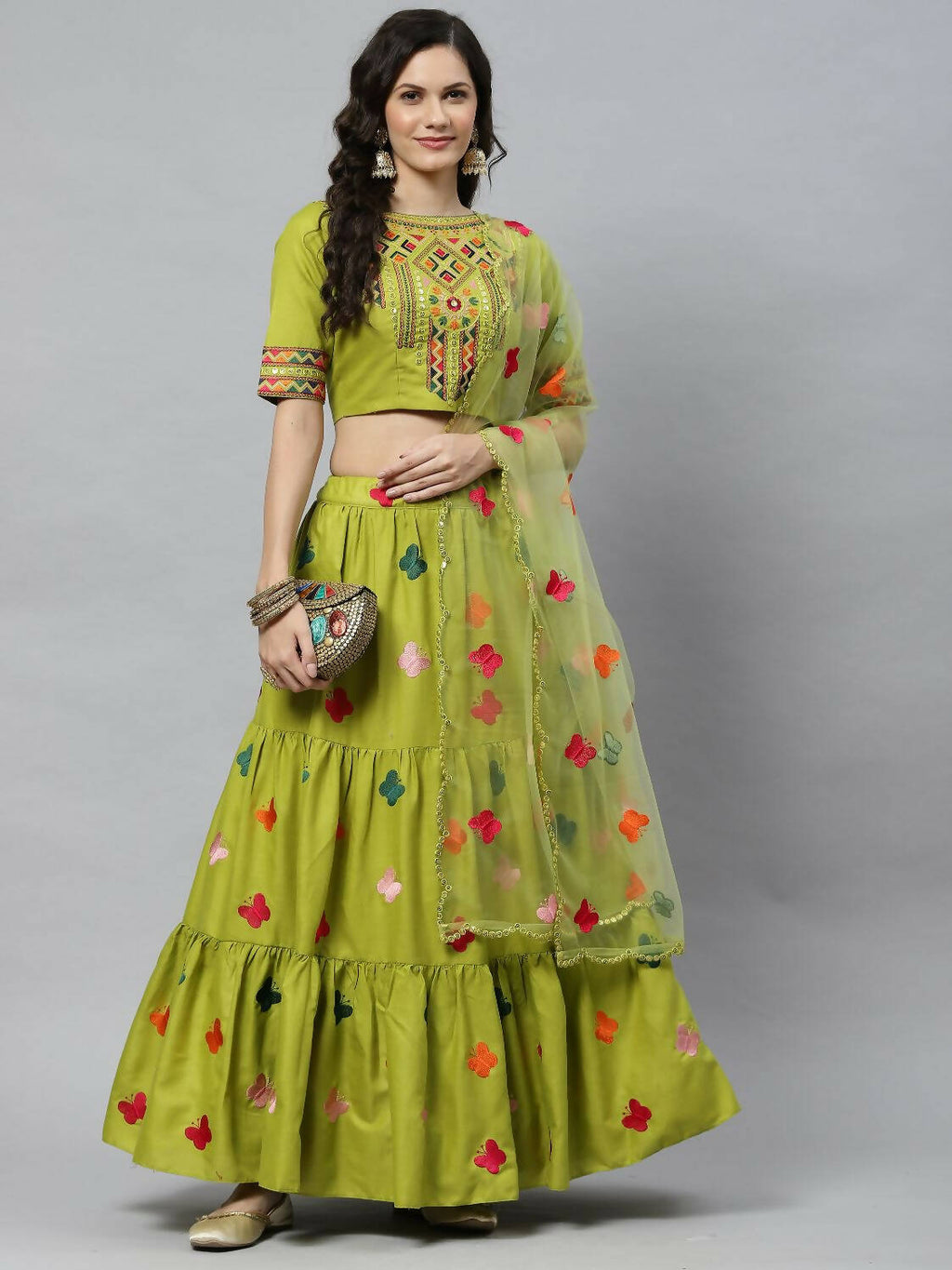 Green Cotton Embroidered Work Lehenga Choli with Dupatta - Jivika | Grocsy