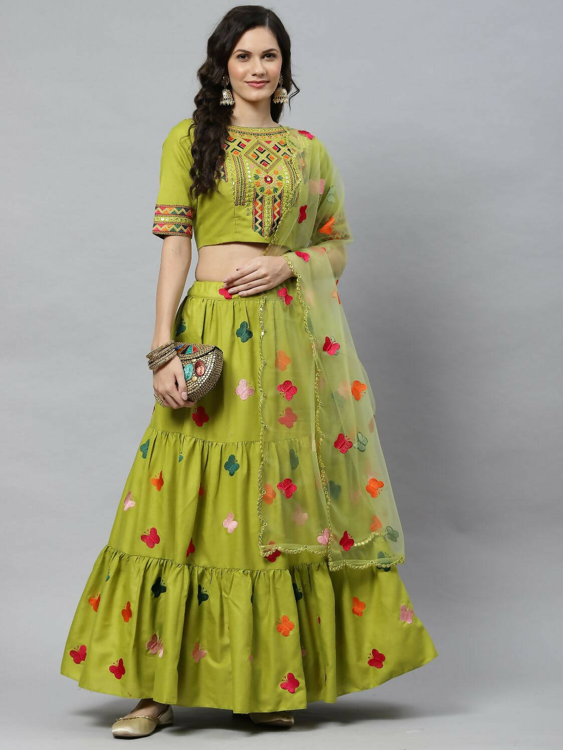 Green Cotton Embroidered Work Lehenga Choli with Dupatta - Jivika | Grocsy