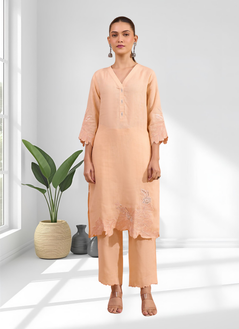 Joban Fashion Coral Linen Embroidered Readymade Long Kurta With Pant | Grocsy