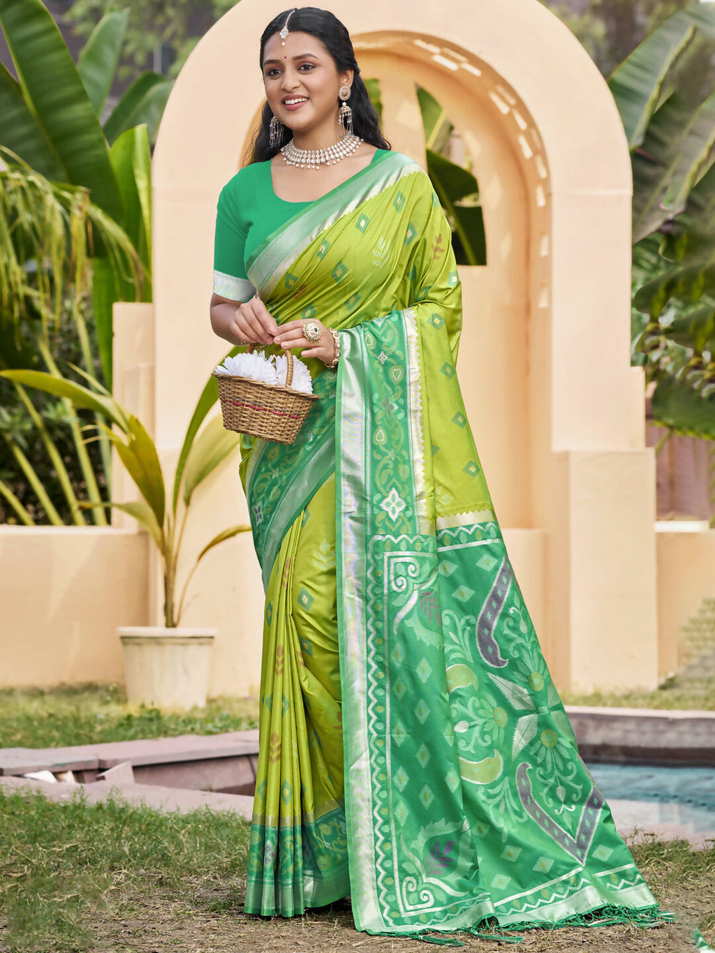 Shree Shyam Fashion Light Green Pochampally Silk Saree | Grocsy