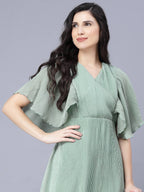 Myshka Chiffon Solid Short Sleeve V Neck Green Women Dress | Grocsy