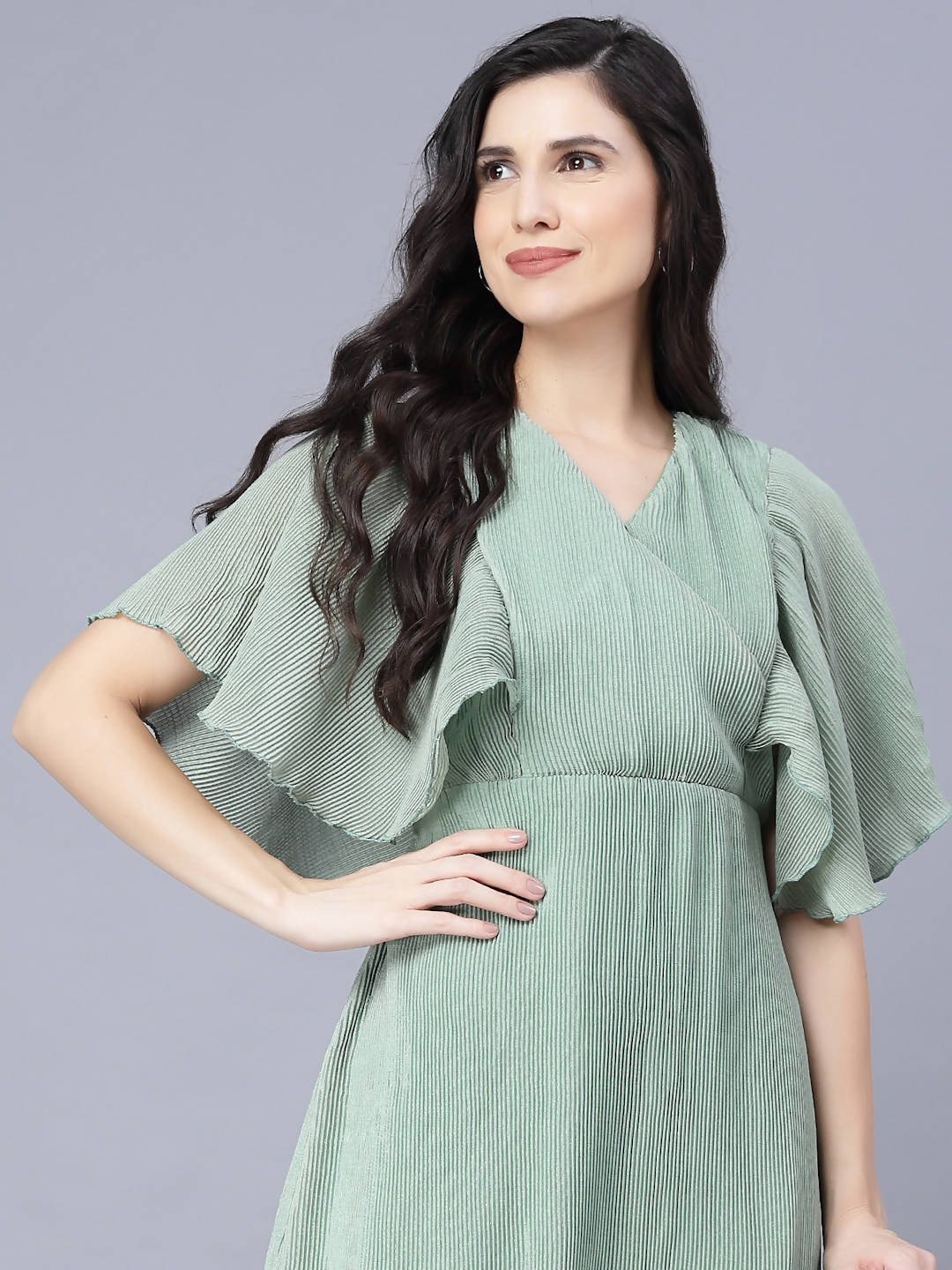 Myshka Chiffon Solid Short Sleeve V Neck Green Women Dress | Grocsy