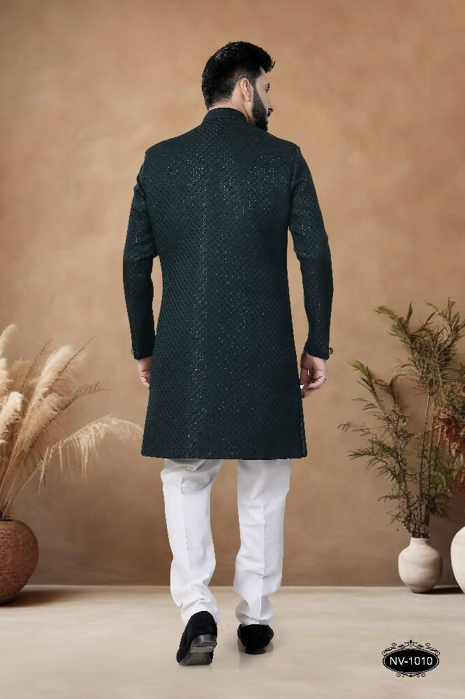 Joban Fashion Men's Green Straight Silk Thread & Sequence Embroidery All Over Indo-Western Kurta Set | Grocsy