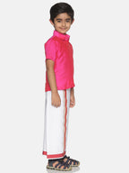 Sethukrishna Pink & White Solid Shirt and Veshti Set | Grocsy
