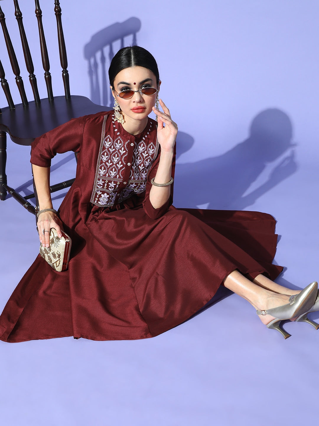 Sangria Women Maroon Ethnic Motifs Embroidered Yoke Design A-Line Kurta with Trousers | Grocsy