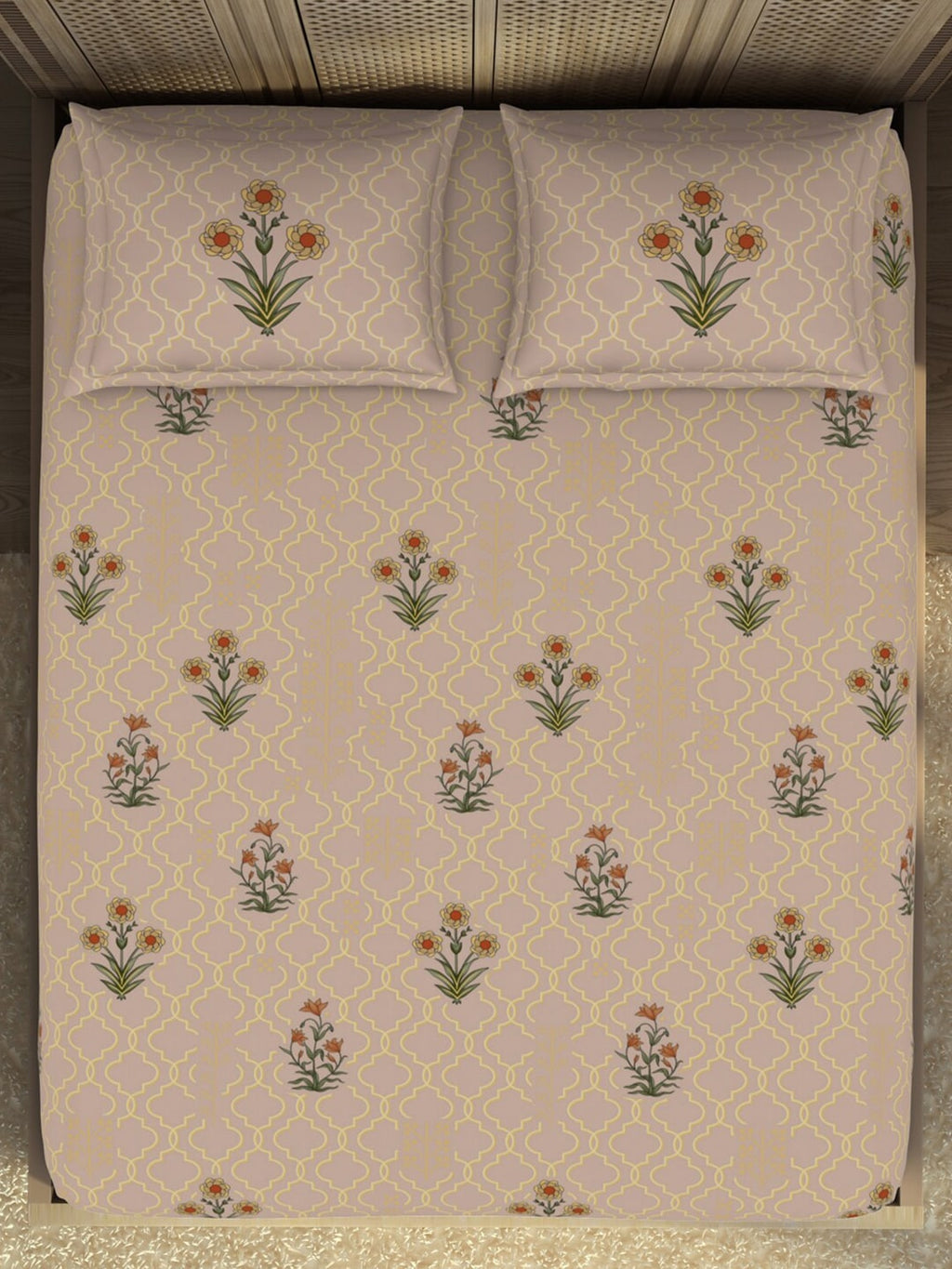 SPACES Pink & Green Ethnic Motifs Cotton 210 TC King Bedsheet With 2 Pillow Covers | Grocsy