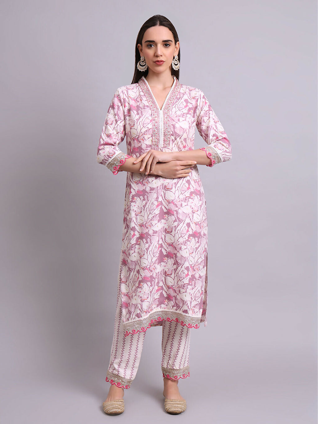 Joban Fashion Off White Cotton Floral Printed & Embroidery Work Kurta With Trousers & Dupatta Set | Grocsy