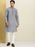House of Pataudi Men Navy Blue & White Woven Design Straight Kurta | Grocsy