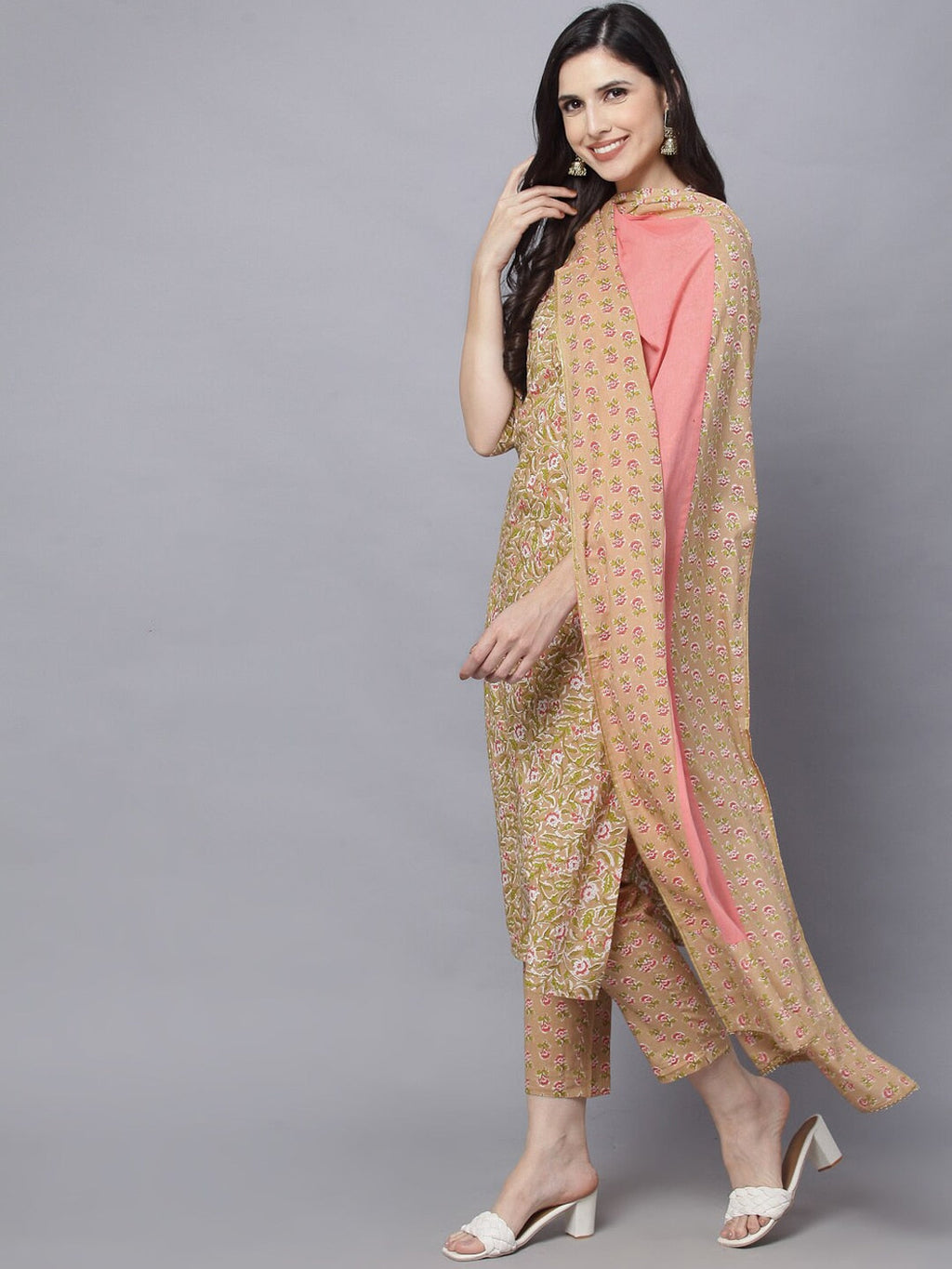 HERE&NOW Women Mustard Yellow Floral Printed Pure Cotton Kurta Set | Grocsy