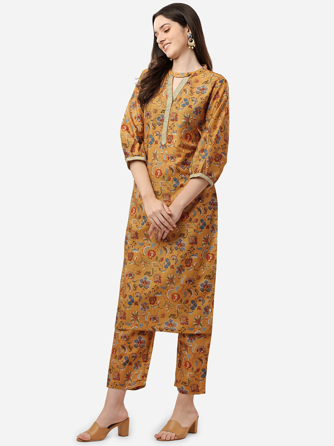 HERE&NOW Women Mustard Yellow Floral Printed Kurti with Trousers | Grocsy