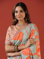 Sangria Sea Green Floral Printed Zari Saree | Grocsy