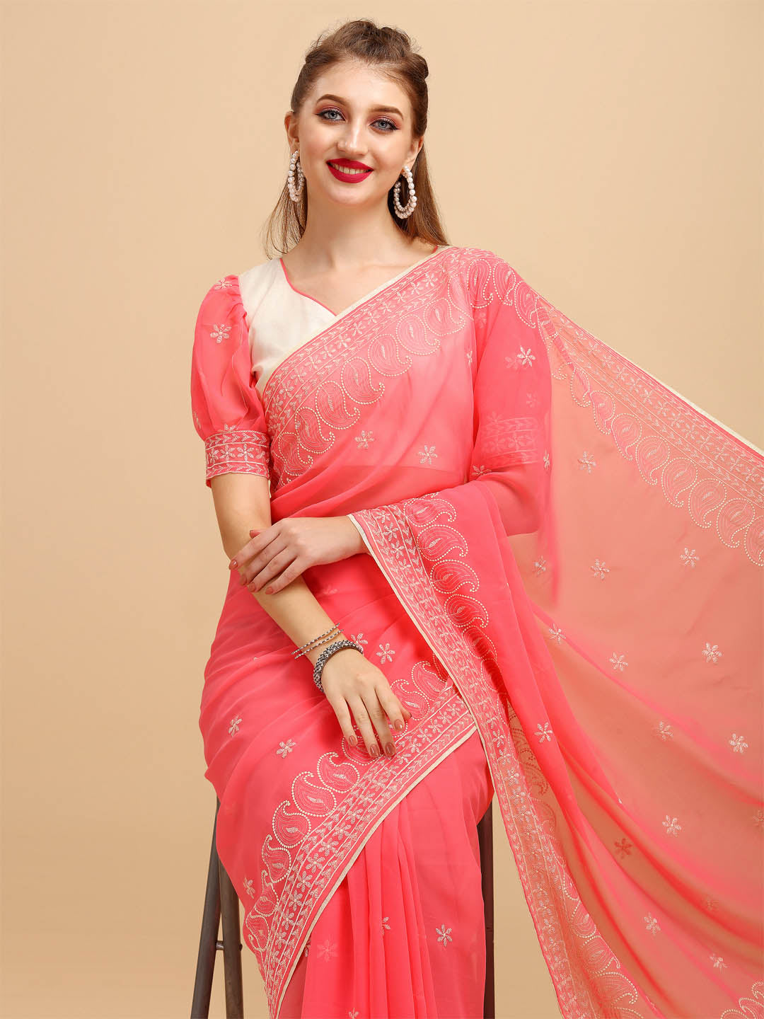 Sangria Rose & Gold-Toned Floral Chikankari Silk Blend Saree | Grocsy