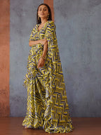 Tikhi Imli Geometric Digital Printed Ruffled Ready to Wear Saree | Grocsy