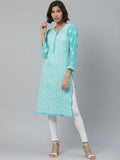 ADA Women Sea Green & White Floral Chikankari Embroidered Straight Sustainable Handloom Kurta | Grocsy