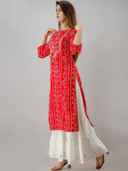 HERE&NOW Red & White Bandhani Printed Gotta Patti Straight Kurta | Grocsy
